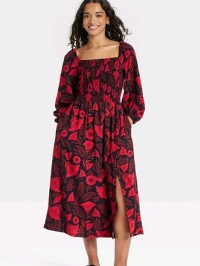 Red Floral Square-Neck Midi Dress size XL